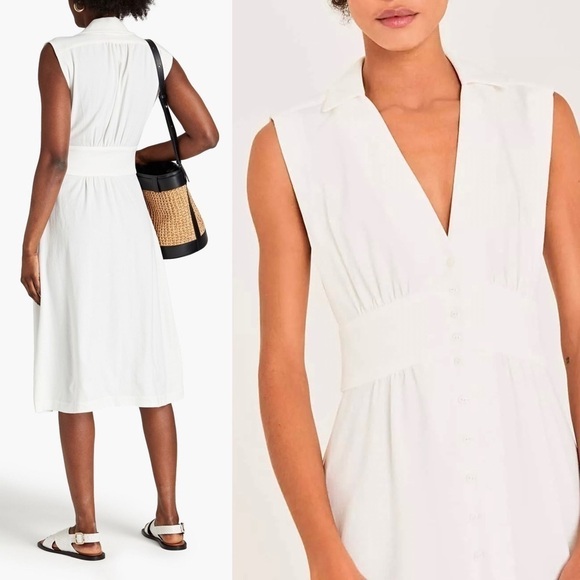 BA&SH Ivory Crepe Sleeveless Shirt Collar Gathered Button Front Midi Dress XS - Picture 6 of 14